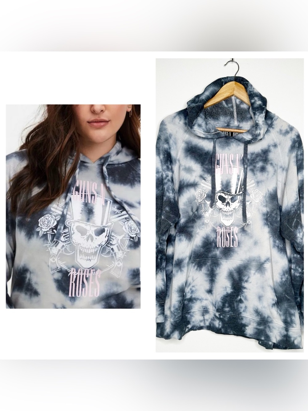 Torrid Guns N' Roses White & Grey Graphic Tie-Dye Fleece Hoodie Size 2X